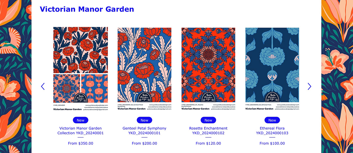 Pattern Shop on Yulia Kuzubova Design website, featuring the collection available for art licensing