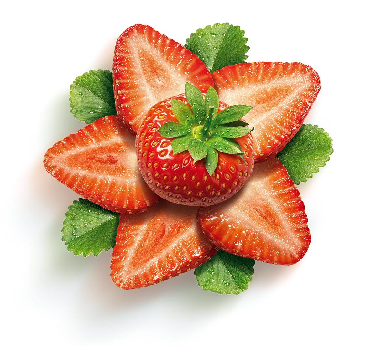 Super realistic fresh juicy strawberries in a flower shape for Ekstroms juice drink.