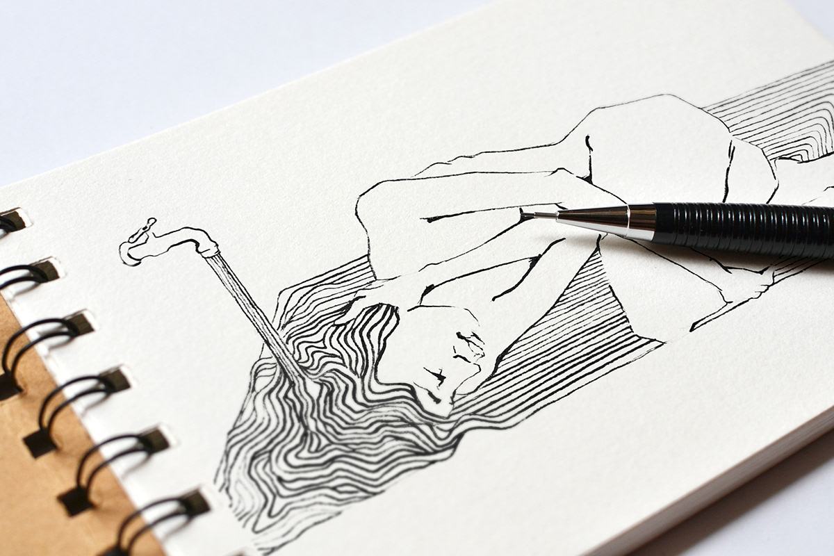 girl graphic liner pen graphics sketch mock-up naked bathroom water