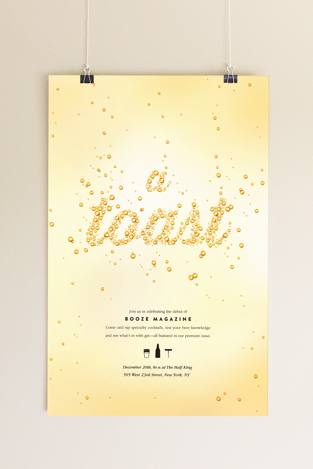 megan daley booze a toast design type HAND LETTERING yellow Champagne bubbles poster magazine