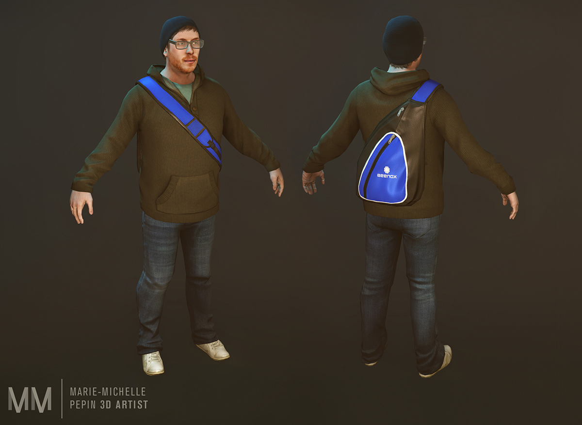 3D  video game Character male casual Cry engine 3ds max polycount hipset nerd texture topology