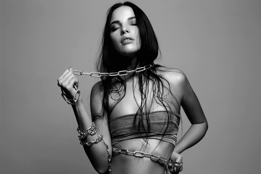 Beautiful woman sexy girl nude naked wet chain steel black and white