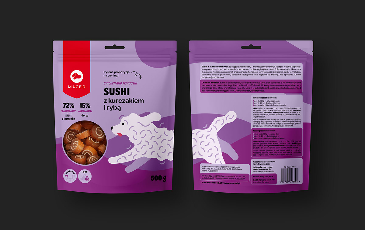 Bag of dog snacks with dedicated illustrations and colours.