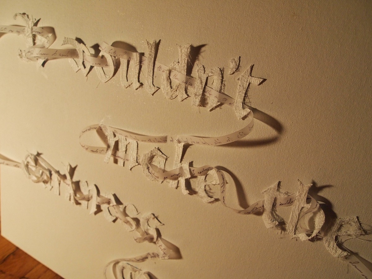 White  blackletter 3D canvas lettering Script vellum