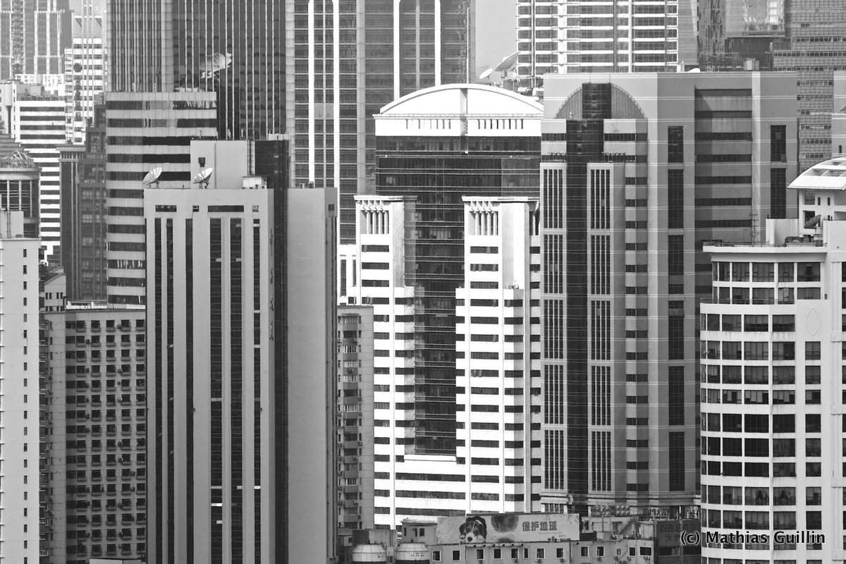 china shanghai city buildings concrete glass Puxi bund skyscrapers windows asia megalopolis skyline lines b&w