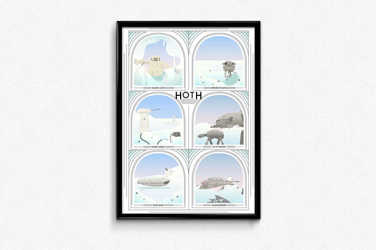 Adobe Portfolio star wars Space  droid movie Hoth Vehicle space ship robot Fan Art film poster planet Travel poster print vector