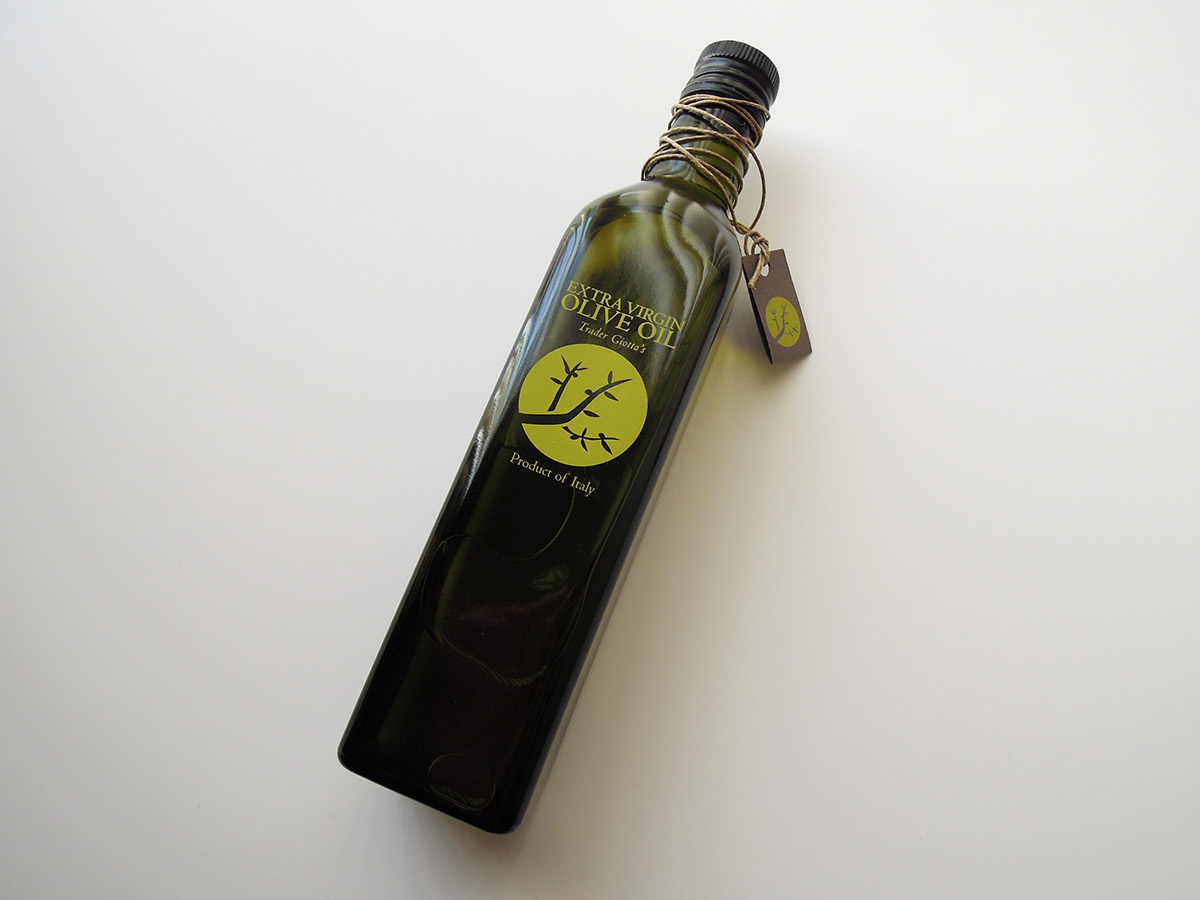Olive Oil bottle trader giotto trader joes green natural oil olive shopping bag brochure set