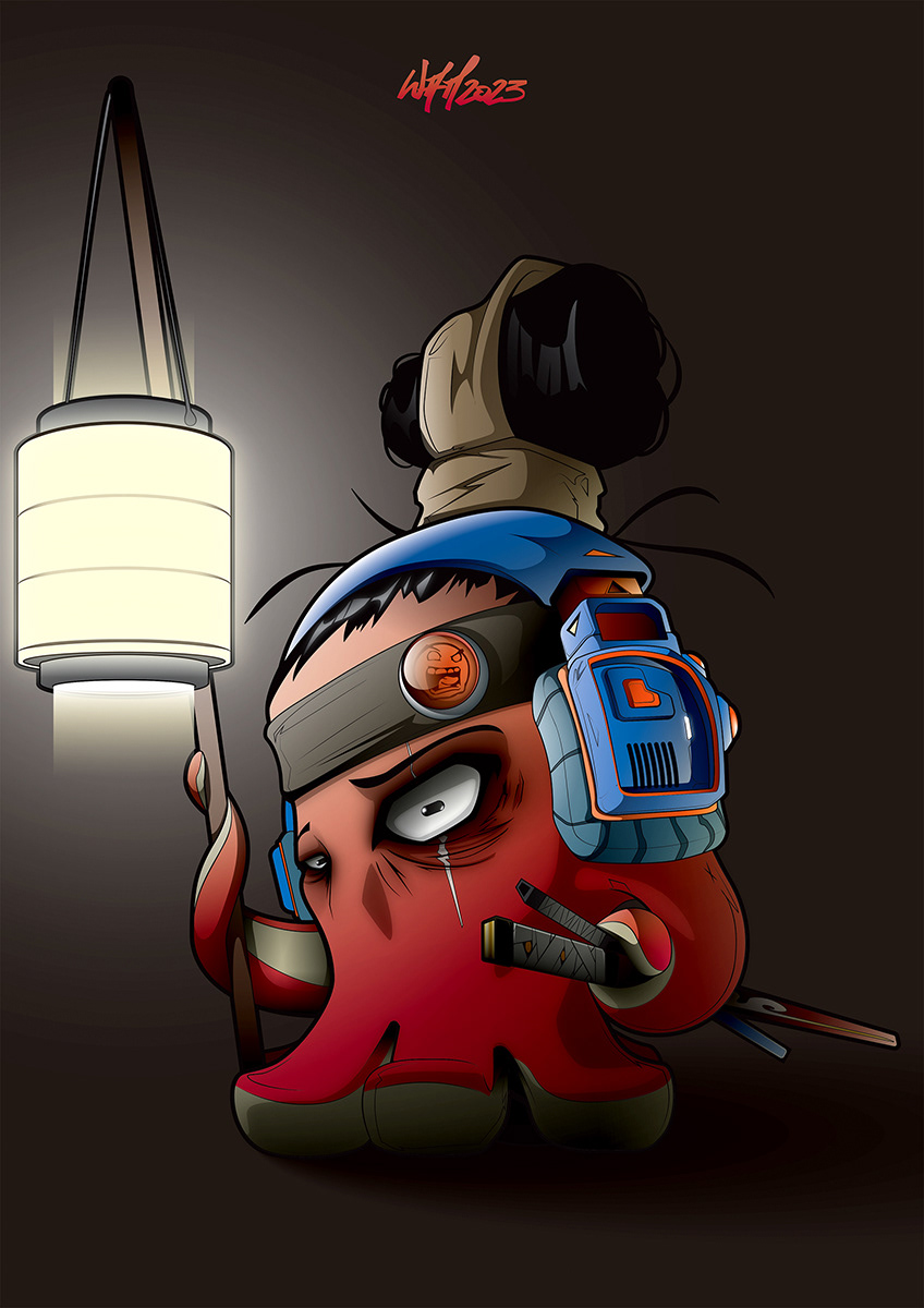 octopus poulpe samurai funny cartoon adobe illustrator vector red