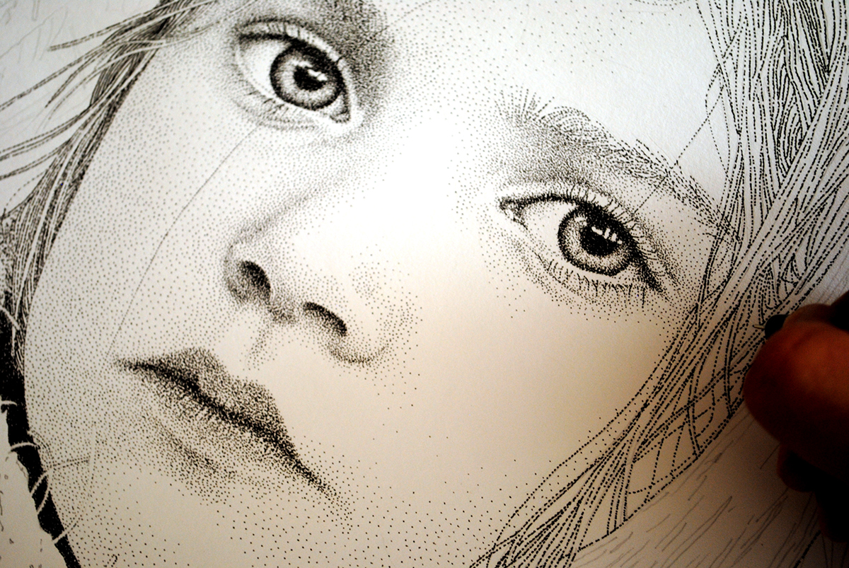 Pointillism stippling portrait black ink paper draw conceptual black & white dots art Realism Human Figure face children Restraints