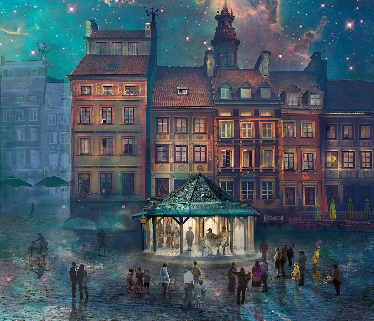 nocturne starry night actors in theater old marketplace old town houses Magic light collage art Digital Art 