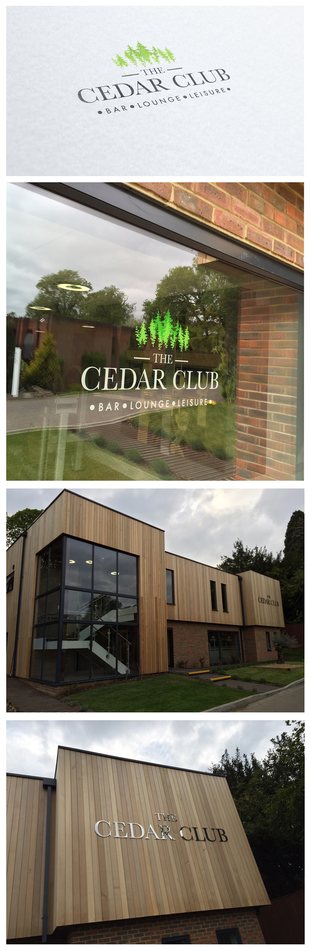 logo cedar club cedar tree tree logo green trees grey building Signage