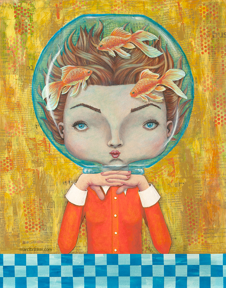 collage fantasy art fantasy illustration fishbowl goldfish mermaid mixed media whimsical art