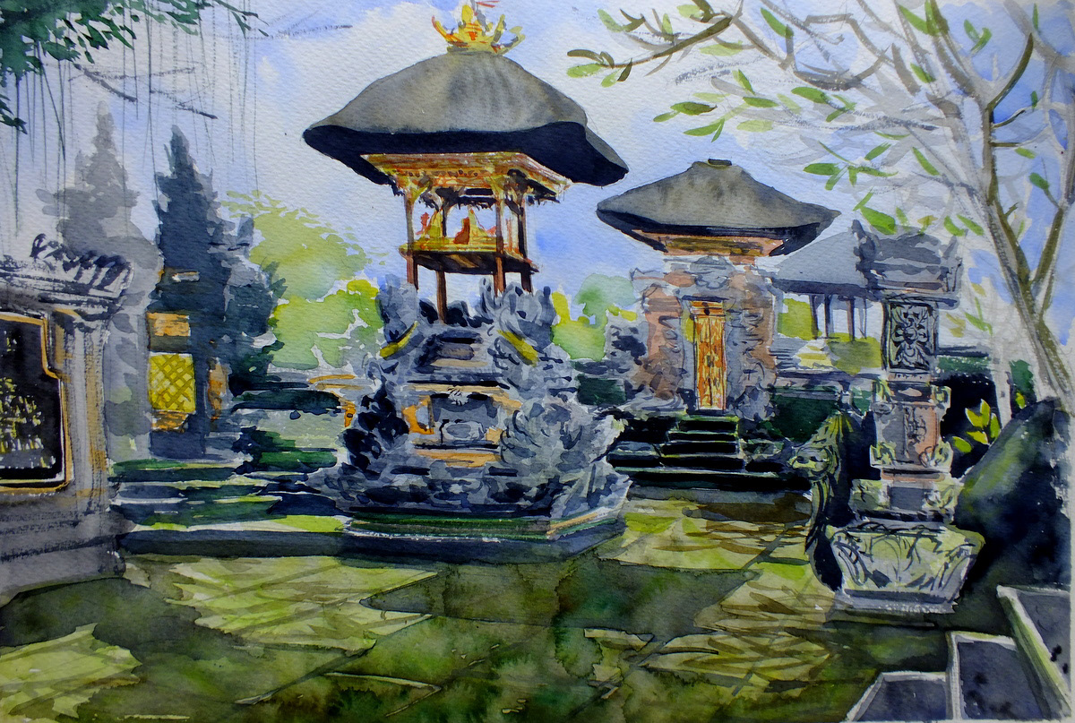 indonesia sketch Travel watercolor watercolour tample traditional stone travel sketch bali