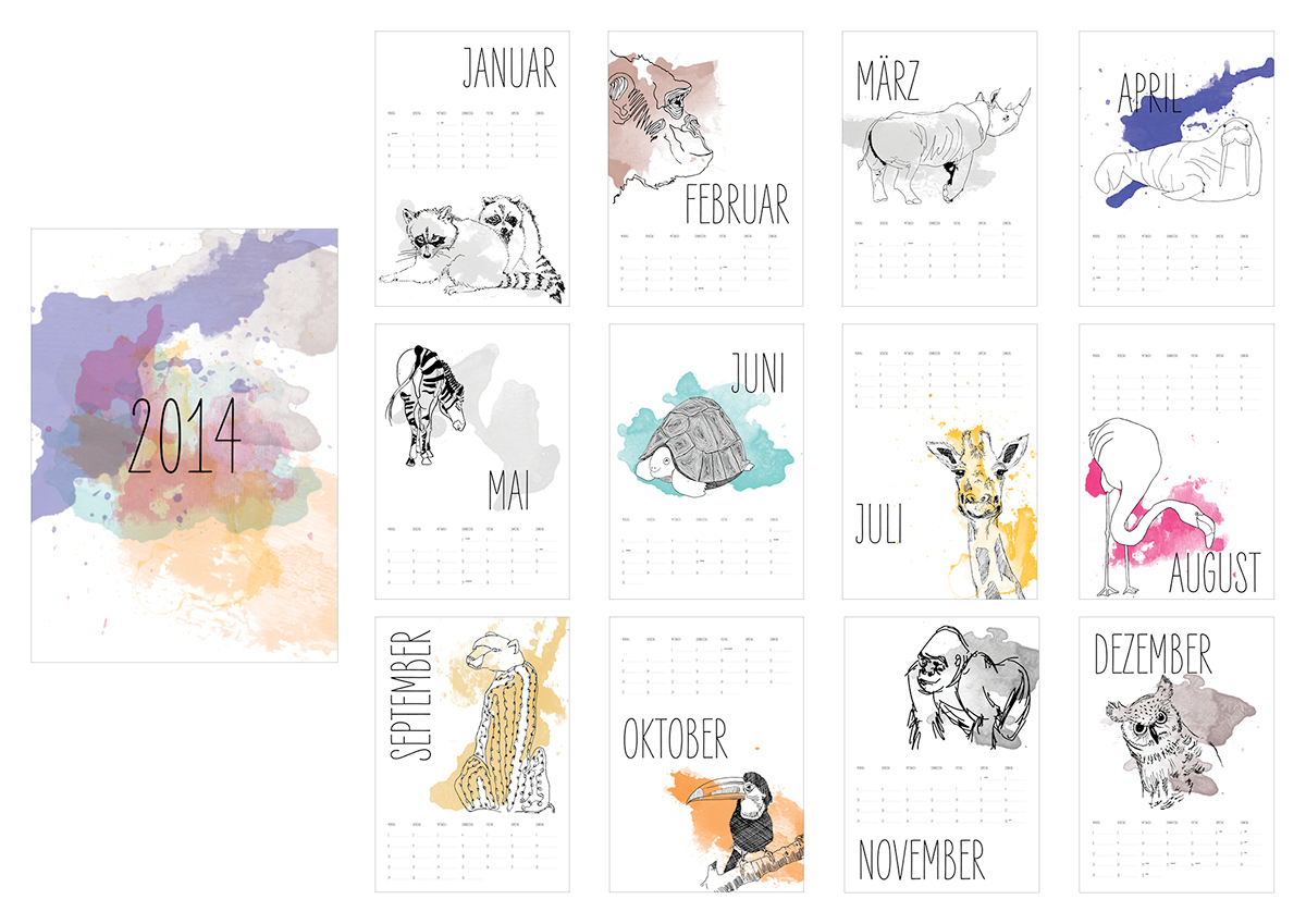 calendar kalender Jahr 2014 tiere animals aquarell watercolour simple design editorial wall
