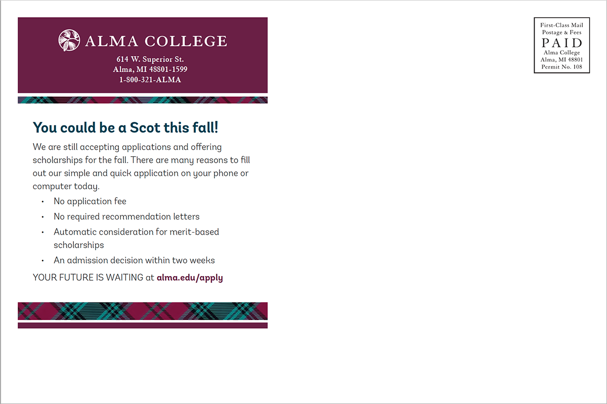 Admissions Alma College branding campaign college higher education plaid postcard design tartan University