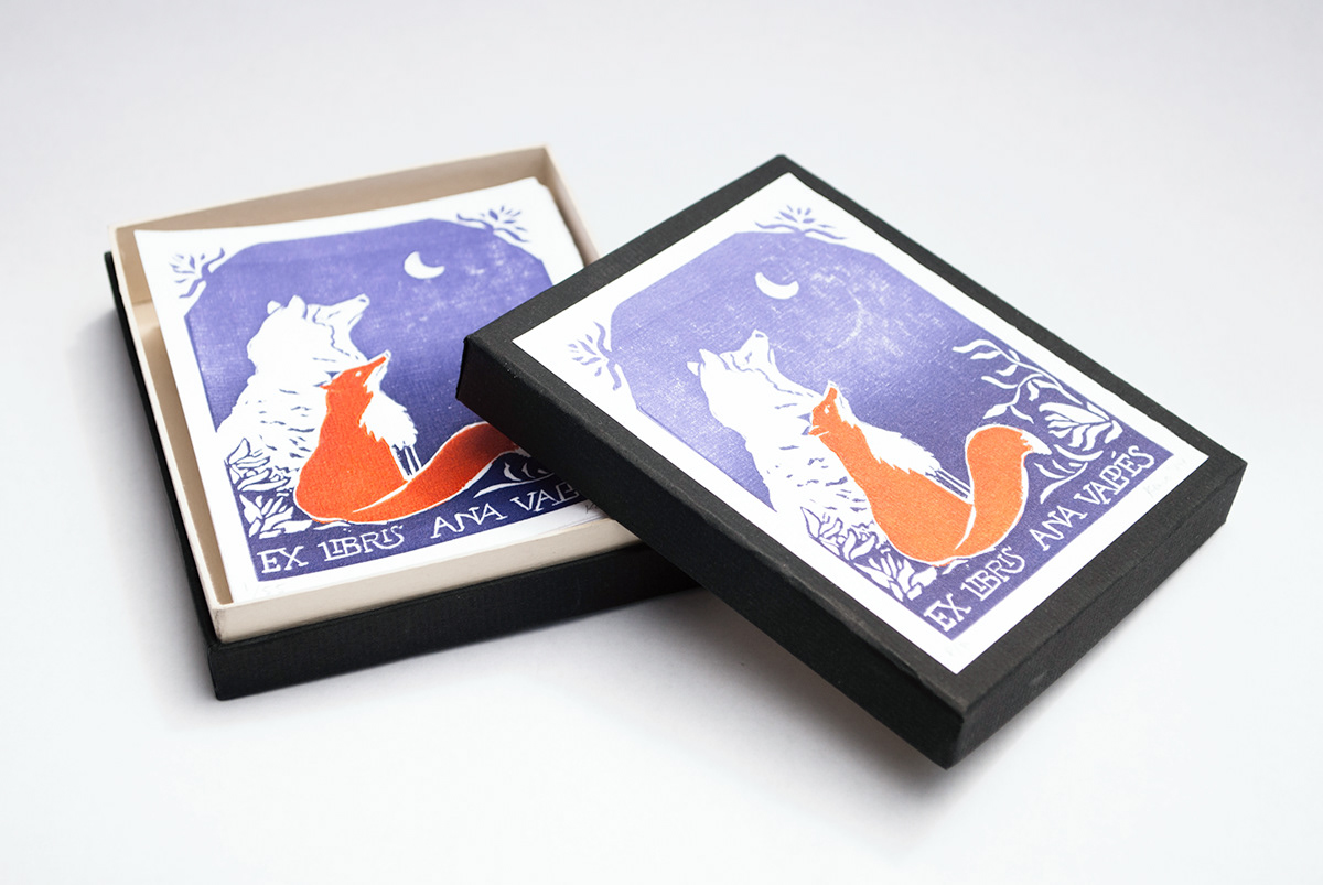 Ex Libris FOX wolf personalized moon bookplate linocut linoleum printmaking