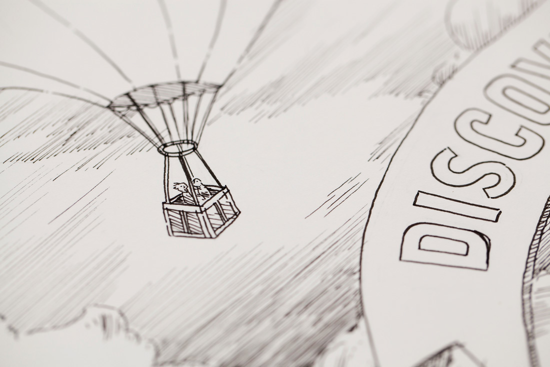 Open House Poster clouds hot air balloon wonder discovery adventure HAND LETTERING line art inking intricate