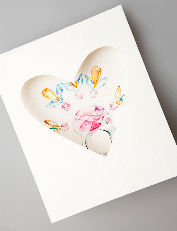 jewelry Love  postcard  watercolour st. valentine's wedding invitations ornaments  pattern diamond  crystall paper design heart kiss valentines