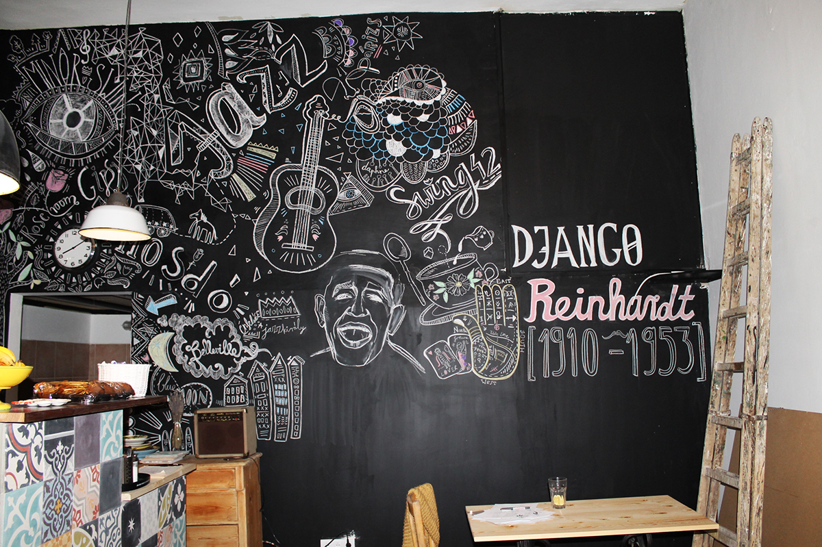 blackboard Carchoal chalk white drawing black and white django reinhardt louis prima Coffee cafe coffee shop jazz pub wall wall design restaurant