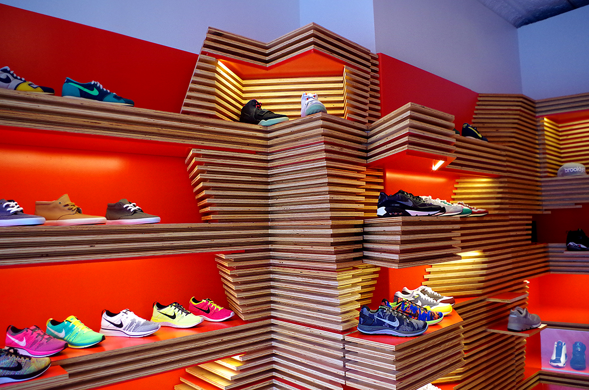 Retail  shoe display  wood slats  slat architecture  Wood  parametric design  innovative retail design Interior Premium Goods  brooklyn contemporary slatted