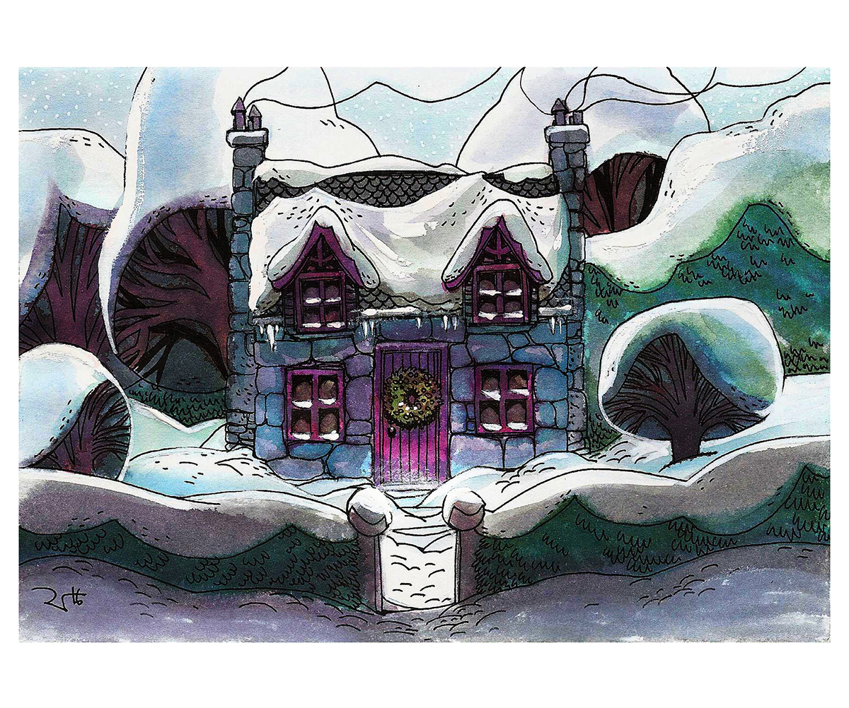 ink christmas cards holiday cards  winter snow houses TRADITIONAL ART Handmade Cards trees handmade