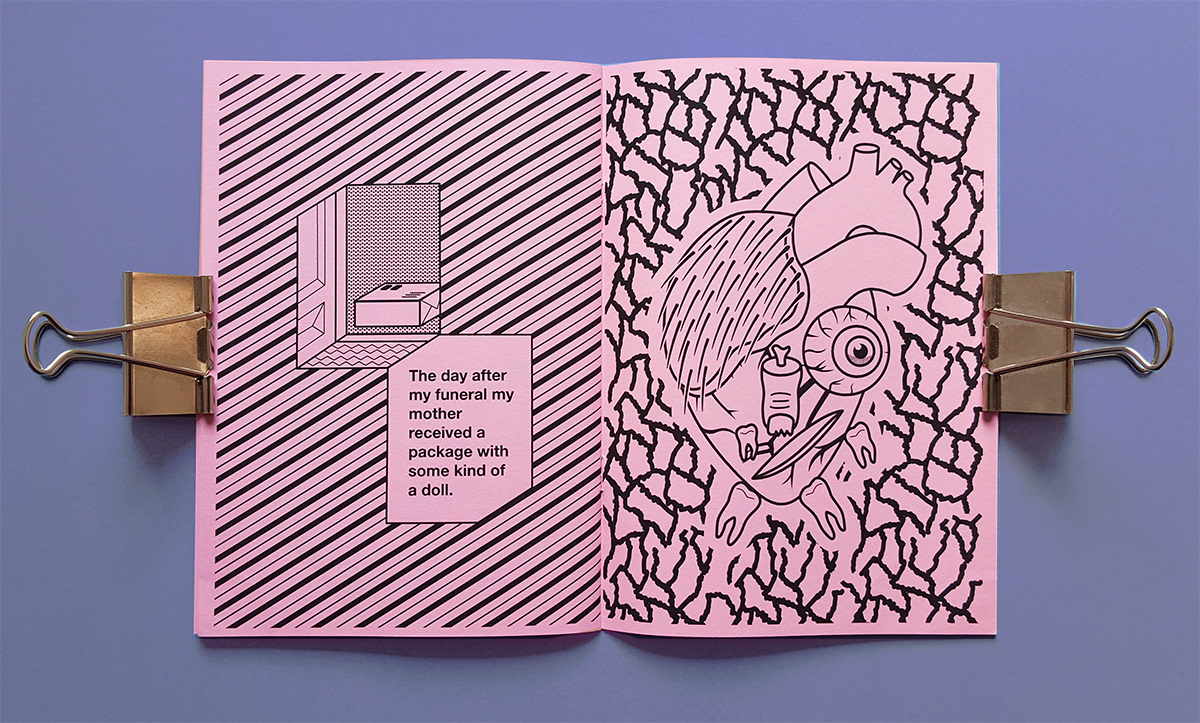 Printing Zine  horror bizarre pink photocopy silver Brutalism lines comic