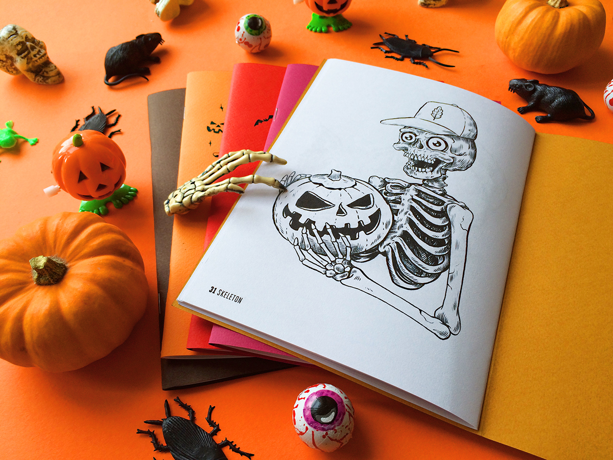 Halloween drawlloween inktober autumn spooky ghoul skull spider bat skeleton zombie cute characters