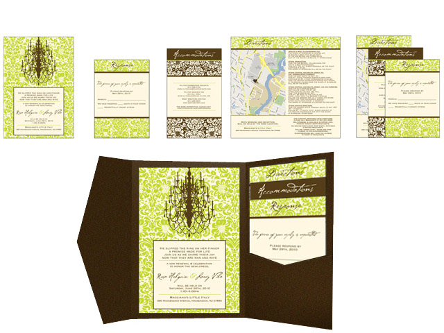 wedding invitations pocketfold chandelier damask chartreuse chocolate