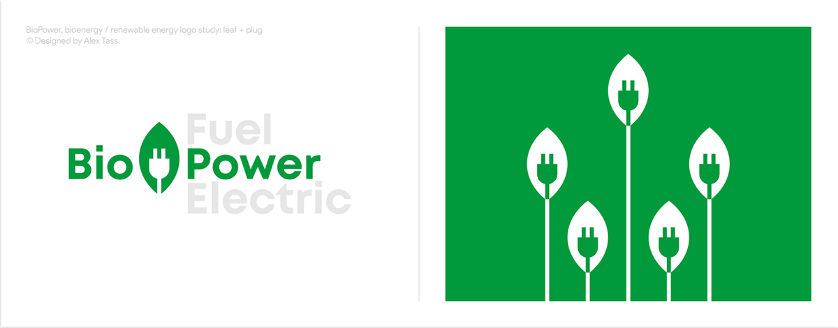 BioPower, bioenergy  renewable energy logo study leaf + plug by Alex Tass