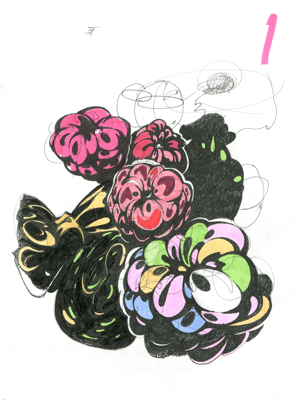 Drawing  Fruit psychedelic graphic fine art berries black and white sketch sketch book Food  art colorful micron pen