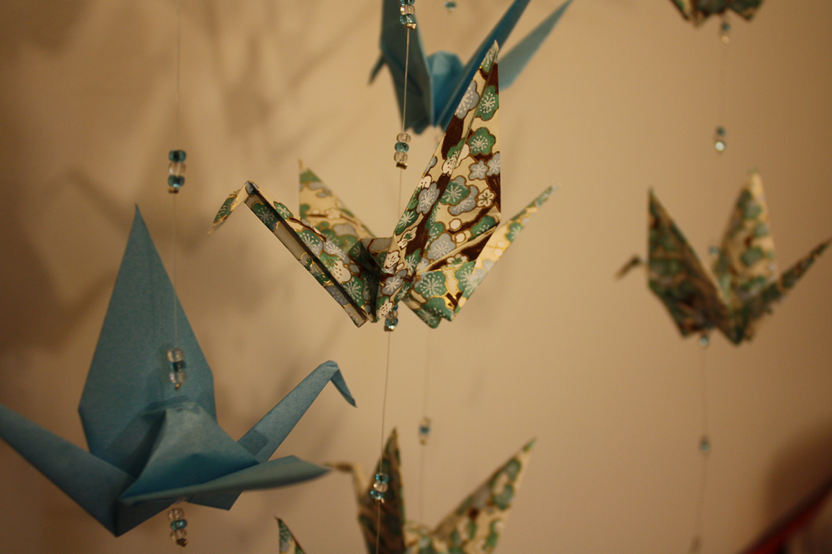 mobile origami  bird crane origami mobile blue children room decor decoration kid painting kid