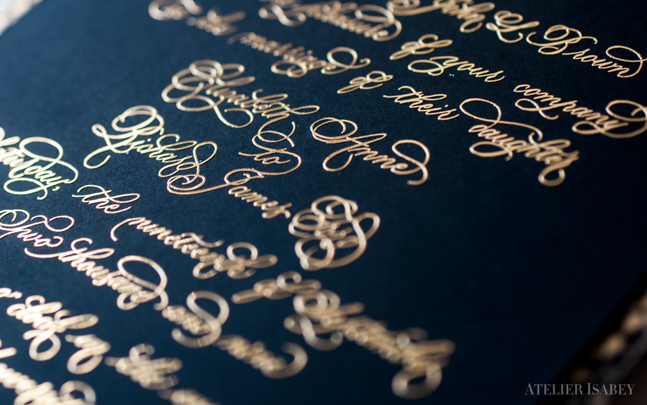 gold black python wedding Invitation 3D metal lettering Script copperplate flourished flourishes luxury