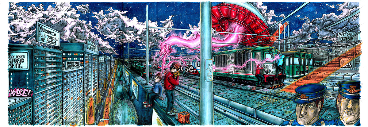 Illustration 125x43 cm made with markers, ink, acrylic, pastel for TRAINS INVADERS MAGAZINE in 2020
