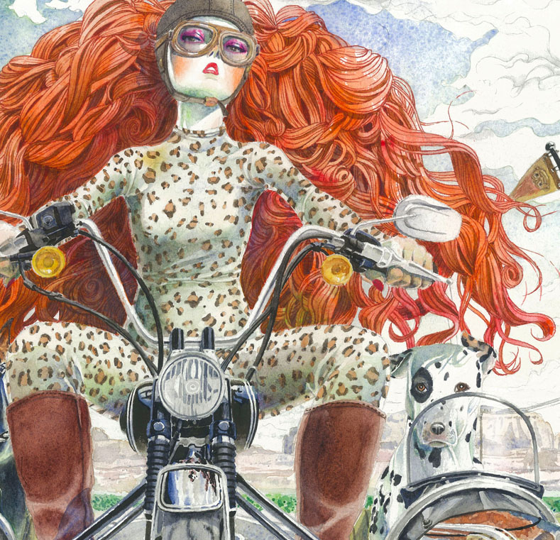 motorbike motorcycle Sidecar dog highway motorway Retro vintage redhead ginger sexy sensual animalprint Hot watercolour