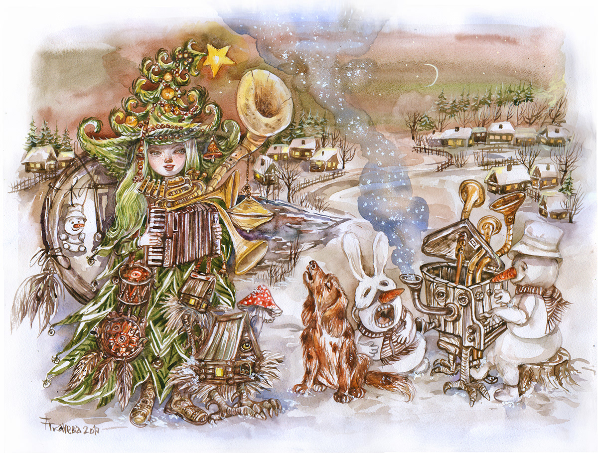 New Year's holidays fairy tales Christmas winter Carols Magic   mouse Baba Yaga Illustration.