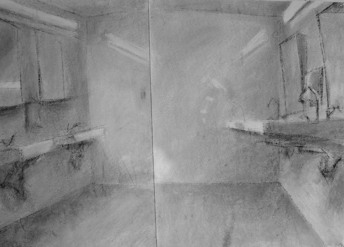 conte crayon  conte black white  observation  Representational  mood  Restroom  bathroom  space  interior  repetition   plumbing  industry