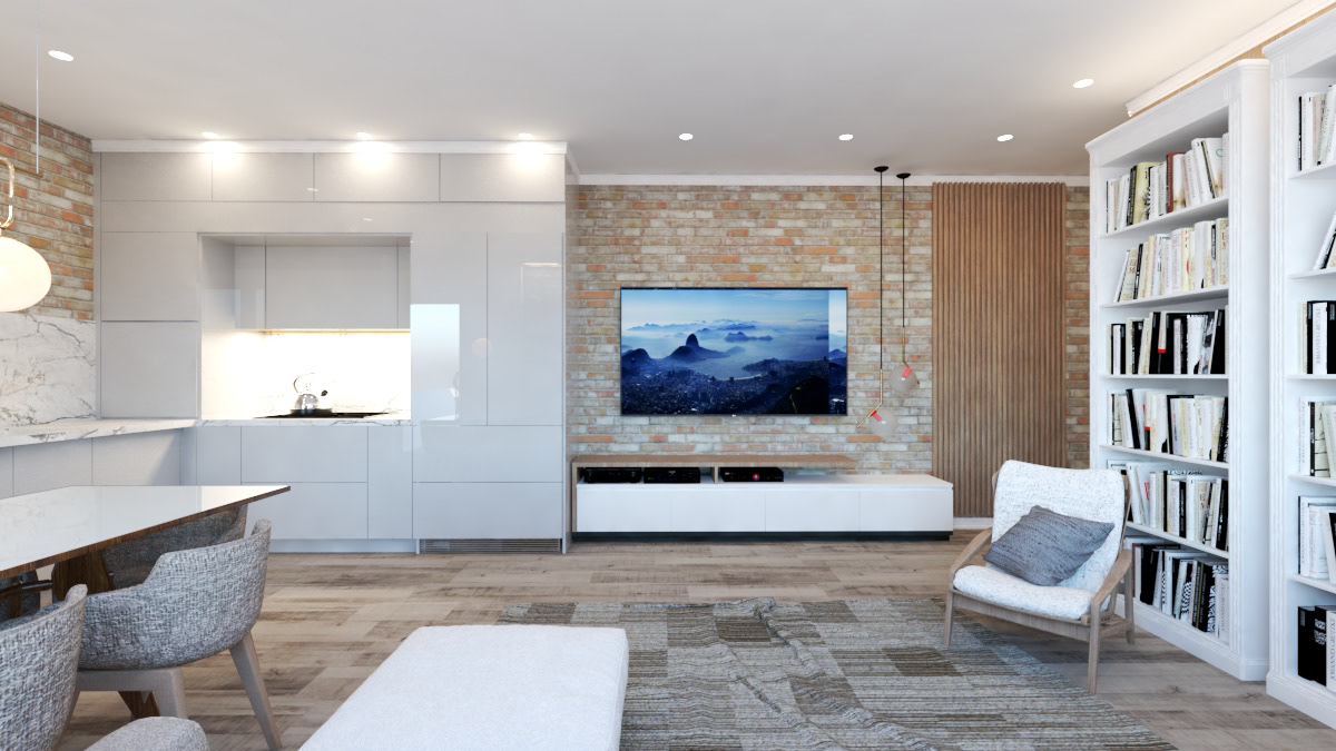 apartment architecture indoor Interior interior design  kitchen kitchen design living room Render visualization