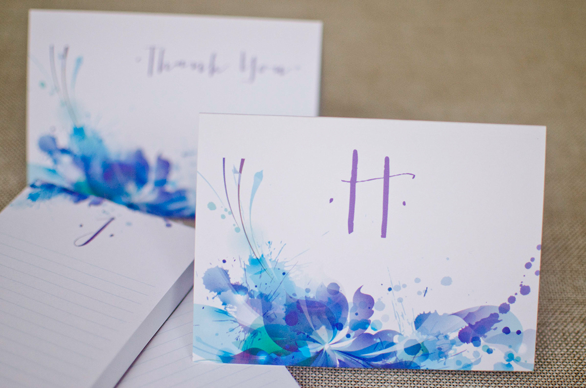 personal stationery notepad thank you notes cards Self-Inking Stamp purple teal aqua watercolor Office Supplies envelopes Custom calligraphic address stamp note cards
