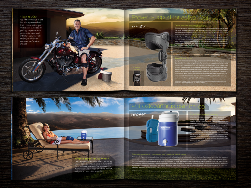DJO donjoy Don Joy hyper Real hyper-real HDR medical Health brochure lifestyle portrait people Landscape fold-out sales tool kayaking kayak water mountains Outdoor motorcycle home grass combo combination clouds blue green yellow retouched digital