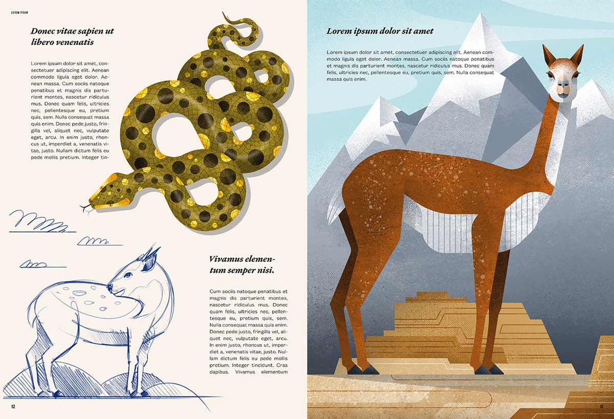 Editorial illustrations in layout, spread draft by Adrian Bauer