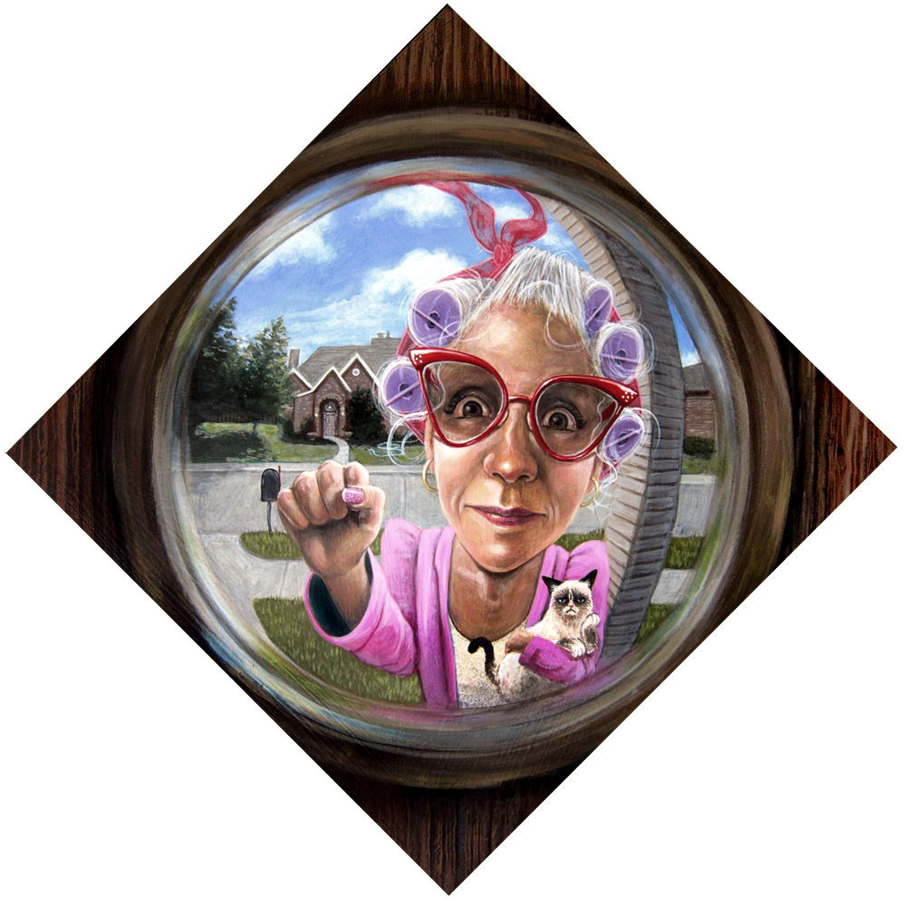 old lady neighborg curious  cat  curlers white hair vintage glasses pink coat