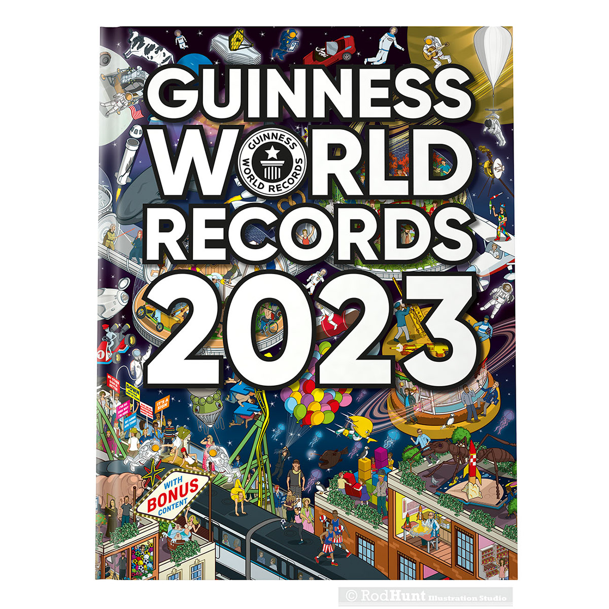 Book cover illustration for Guinness World Records 2023 by Rod Hunt