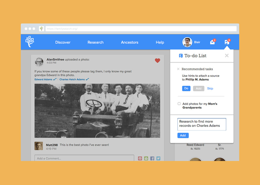 FamilySearch Loggedin homepage activity feed dashboard profile