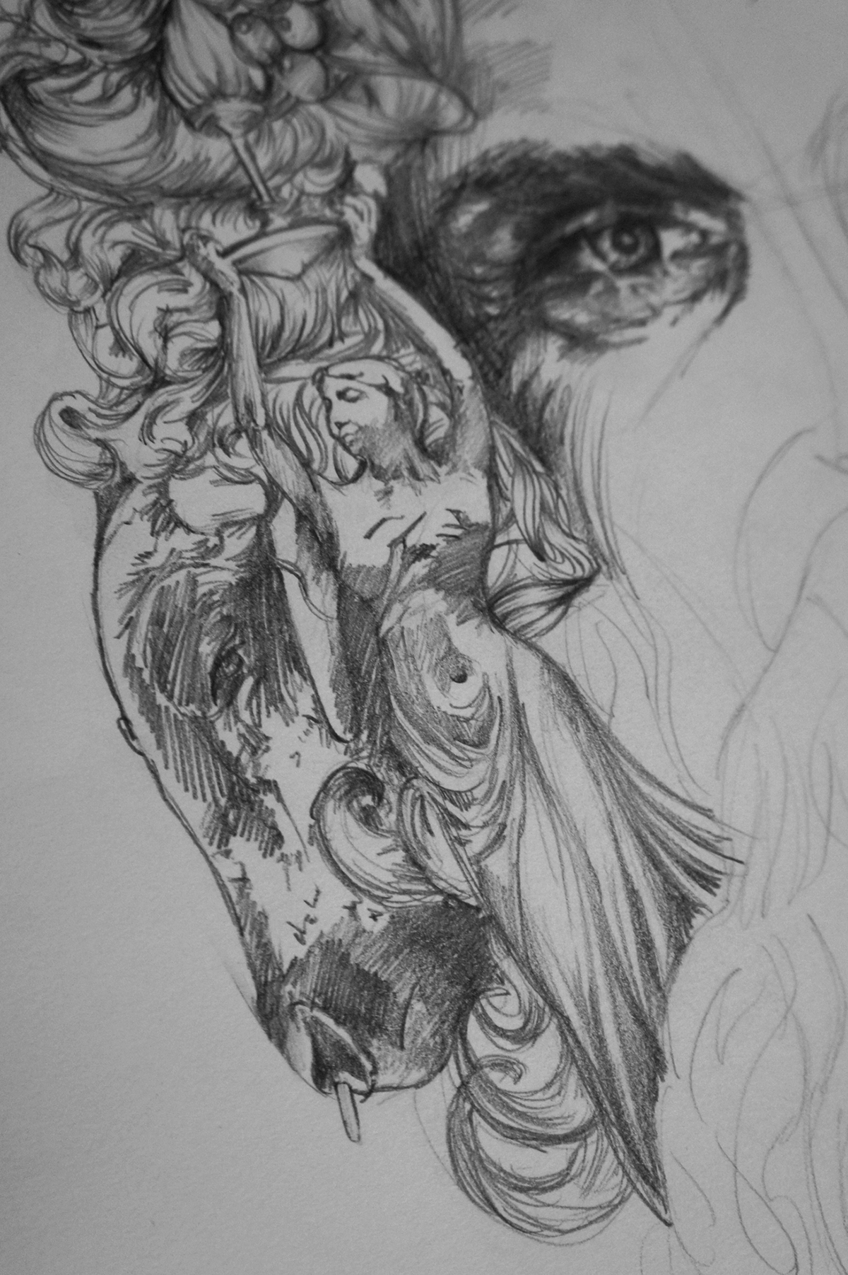 portrait pencil sketch hair face eyes beard nymphs mythology bacchus Dionysus grapes