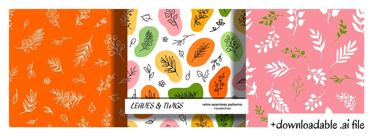 leaves twigs herbs hand drawn clip art line art stickers Retro seamless pattern design elements