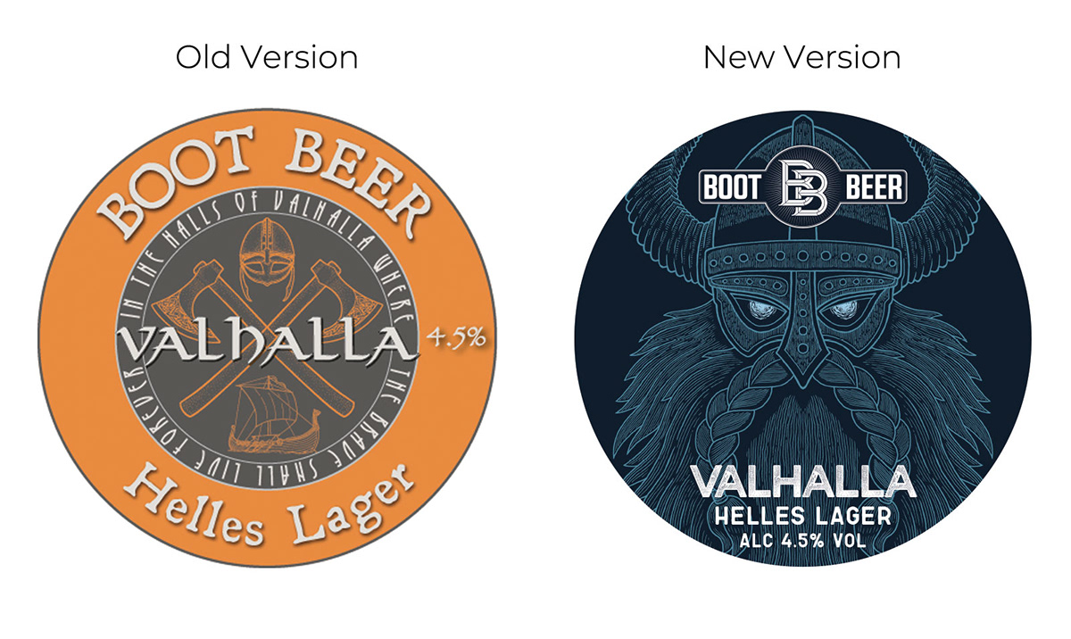 Boot Beer Valhalla pump clip redesign showing old and new keg badge design
