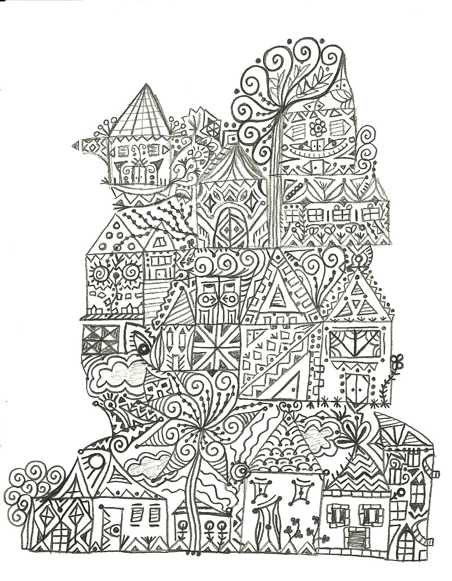 pencil houses a girl illustrations