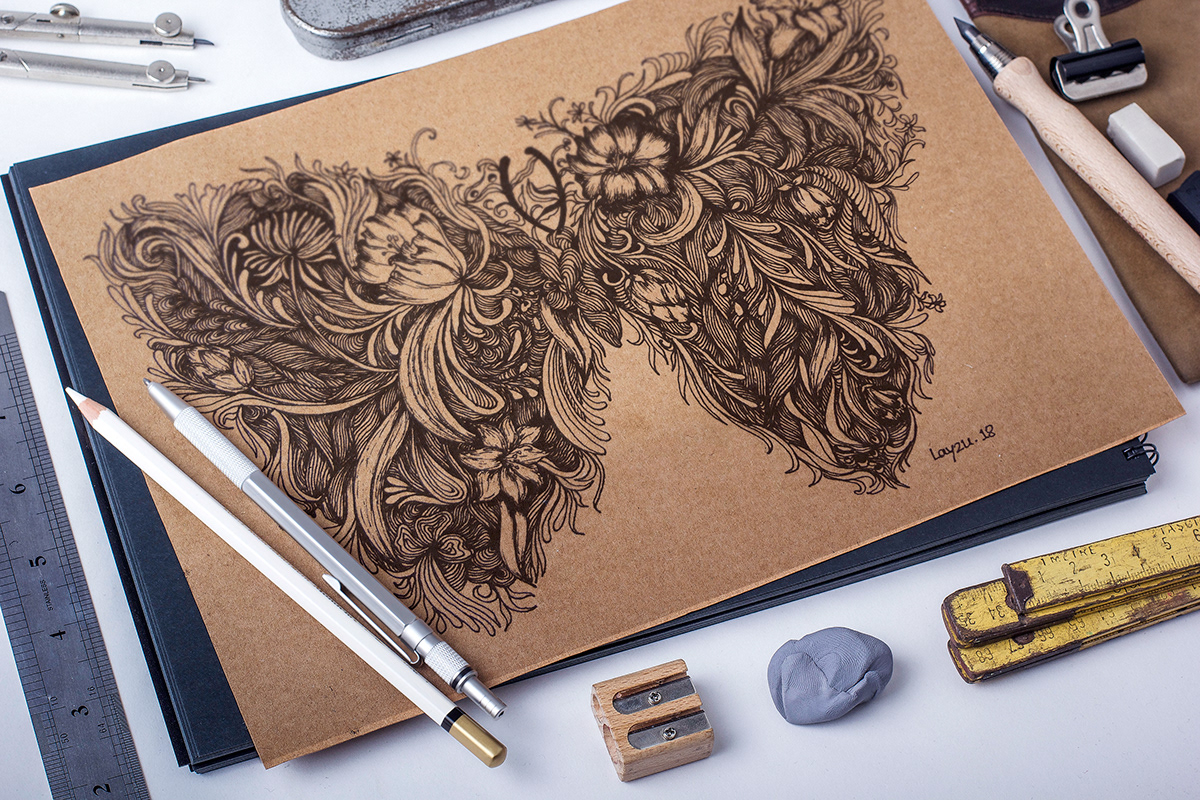 Fine Arts  Drawing  line pen drop pen paper typography   flower butterfly