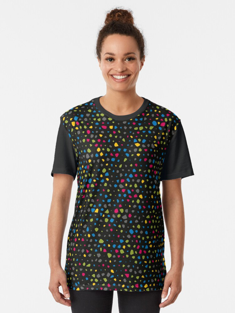 colourful terrazzo speckle pattern black graphic tshirt