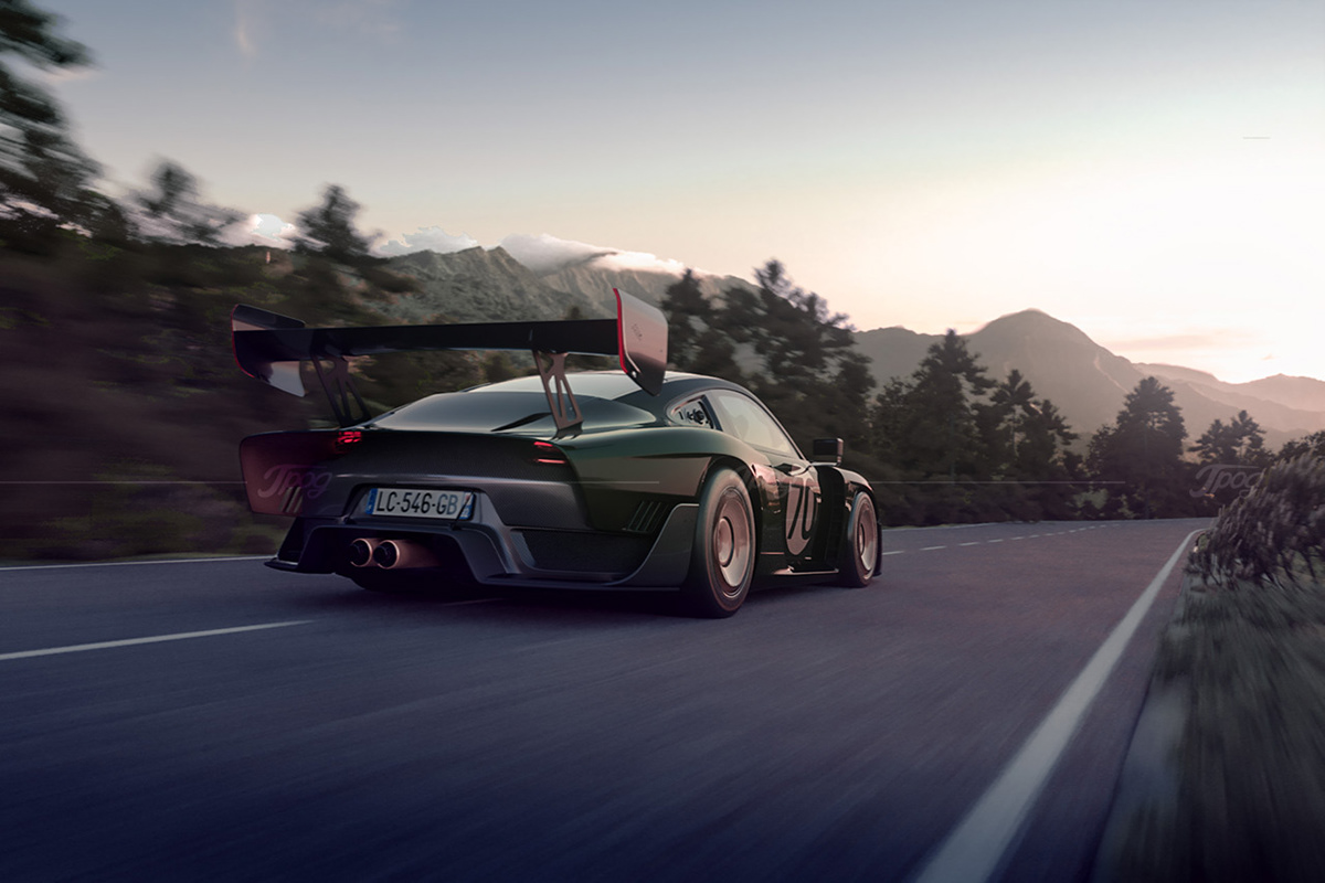 3D car photography car render CGI dynamic shot green Porsche Porsche 935 retoucher shooting